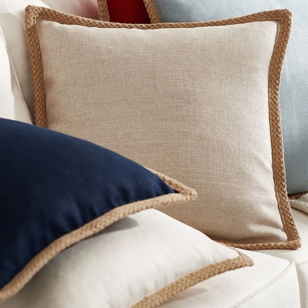 Pottery Barn Cream Linen With Jute Trim Accent Pillow With Feather Insert
